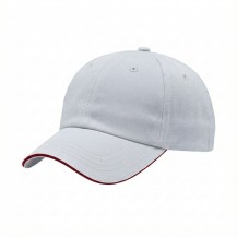 USA-made 6U White-Red Organic Twill baseball cap, 3q view, manufactured in Newark NJ