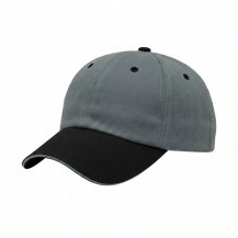 USA-made 6U Light Gray-Black Organic Twill baseball cap, 3q view, manufactured in Newark NJ