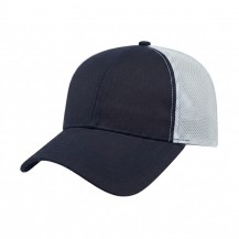 USA-made 6L Navy-White Chino baseball cap, 3q view, manufactured in Newark NJ