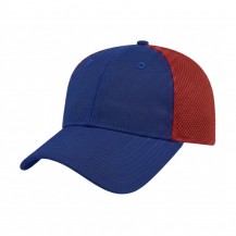 USA-made 6L Royal Blue-Red Chino baseball cap, 3q view, manufactured in Newark NJ