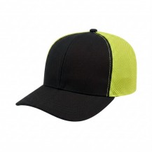 USA-made 6S Black-Safety Green Chino baseball cap, 3q view, manufactured in Newark NJ