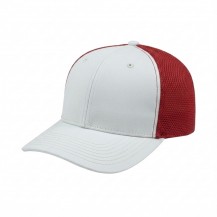 USA-made 6S White-Red Chino baseball cap, 3q view, manufactured in Newark NJ