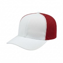 USA-made 6S White-Red Chino baseball cap, 3q view, manufactured in Newark NJ