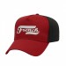 USA-made 5L Red-Black Chino baseball cap, decorated view, manufactured in Newark NJ