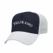 USA-made 5L Navy-White Chino baseball cap, decorated view, manufactured in Newark NJ