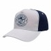 USA-made 5S White-Navy Chino baseball cap, decorated view, manufactured in Newark NJ