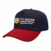 USA-made 5S Navy-Red Brushed Denim baseball cap, decorated view, manufactured in Newark NJ