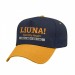 USA-made 5L Navy-Athletic Gold Polycotton Twill baseball cap, decorated view, manufactured in Newark NJ
