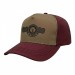 USA-made 5S Khaki-Burgundy Polycotton Twill baseball cap, decorated view, manufactured in Newark NJ