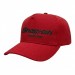 USA-made 5S Red Polycotton Twill baseball cap, decorated view, manufactured in Newark NJ