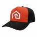 USA-made 5S Blaze Orange-Black Polycotton Twill baseball cap, decorated view, manufactured in Newark NJ