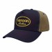 USA-made 5S Navy-Khaki Polycotton Twill baseball cap, decorated view, manufactured in Newark NJ