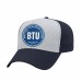 USA-made 5L White-Navy Organic Twill baseball cap, decorated view, manufactured in Newark NJ