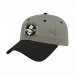 USA-made 6L Light Gray-Black Chino baseball cap, decorated view, manufactured in Newark NJ