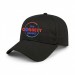 USA-made 6L Black Chino baseball cap, decorated view, manufactured in Newark NJ