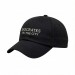 USA-made 6U Black Chino baseball cap, decorated view, manufactured in Newark NJ