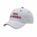 USA-made 6U White-Red Chino baseball cap, decorated view, manufactured in Newark NJ