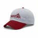 USA-made 6U White-Red Chino baseball cap, decorated view, manufactured in Newark NJ