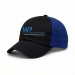 USA-made 6U Black-Royal Blue Chino baseball cap, decorated view, manufactured in Newark NJ