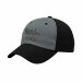 USA-made 6U Light Gray-Black Chino baseball cap, decorated view, manufactured in Newark NJ