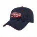 USA-made 6L Navy-Red Brushed Denim baseball cap, decorated view, manufactured in Newark NJ