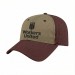 USA-made 6L Khaki-Burgundy Brushed Denim baseball cap, decorated view, manufactured in Newark NJ