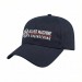 USA-made 6L Navy Brushed Denim baseball cap, decorated view, manufactured in Newark NJ