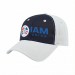 USA-made 6L Navy-White Brushed Denim baseball cap, decorated view, manufactured in Newark NJ