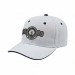 USA-made 6S White-Navy Brushed Denim baseball cap, decorated view, manufactured in Newark NJ