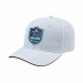 USA-made 6S White-Red Brushed Denim baseball cap, decorated view, manufactured in Newark NJ