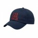 USA-made 6U Navy Brushed Denim baseball cap, decorated view, manufactured in Newark NJ