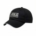 USA-made 6U Black-White Brushed Denim baseball cap, decorated view, manufactured in Newark NJ
