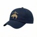 USA-made 6U Navy Brushed Denim baseball cap, decorated view, manufactured in Newark NJ