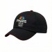 USA-made 6U Black-Red Brushed Denim baseball cap, decorated view, manufactured in Newark NJ