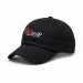 USA-made 6U Black Brushed Denim baseball cap, decorated view, manufactured in Newark NJ