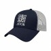 USA-made 6L Navy-White Chino baseball cap, decorated view, manufactured in Newark NJ