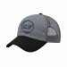 USA-made 6U Light Gray-Black Chino baseball cap, decorated view, manufactured in Newark NJ