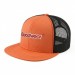 USA-made 6H Blaze Orange-Black Polycotton Twill baseball cap, decorated view, manufactured in Newark NJ