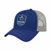USA-made 6L Royal Blue-Light Gray Polycotton Twill baseball cap, decorated view, manufactured in Newark NJ