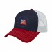 USA-made 6L Navy-Red Polycotton Twill baseball cap, decorated view, manufactured in Newark NJ
