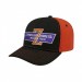 USA-made 6S Black-Orange Polycotton Twill baseball cap, decorated view, manufactured in Newark NJ
