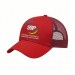 USA-made 6U Red Polycotton Twill baseball cap, decorated view, manufactured in Newark NJ