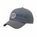 USA-made 6U Light Gray-Burgundy Cotton Spandex baseball cap, decorated view, manufactured in Newark NJ