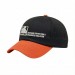 USA-made 6U Black-Blaze Orange Cotton Spandex baseball cap, decorated view, manufactured in Newark NJ