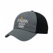 USA-made 6U Light Gray-Black Cotton Spandex baseball cap, decorated view, manufactured in Newark NJ
