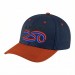 USA-made 6H Navy-Orange Polycotton Twill baseball cap, decorated view, manufactured in Newark NJ