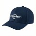 USA-made 6H Navy Polycotton Twill baseball cap, decorated view, manufactured in Newark NJ