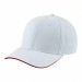USA-made 6H White-Red Polycotton Twill baseball cap, 3q view, manufactured in Newark NJ