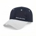 USA-made 6L Navy-White Polycotton Twill baseball cap, decorated view, manufactured in Newark NJ