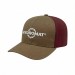 USA-made 6S Khaki-Burgundy Polycotton Twill baseball cap, decorated view, manufactured in Newark NJ